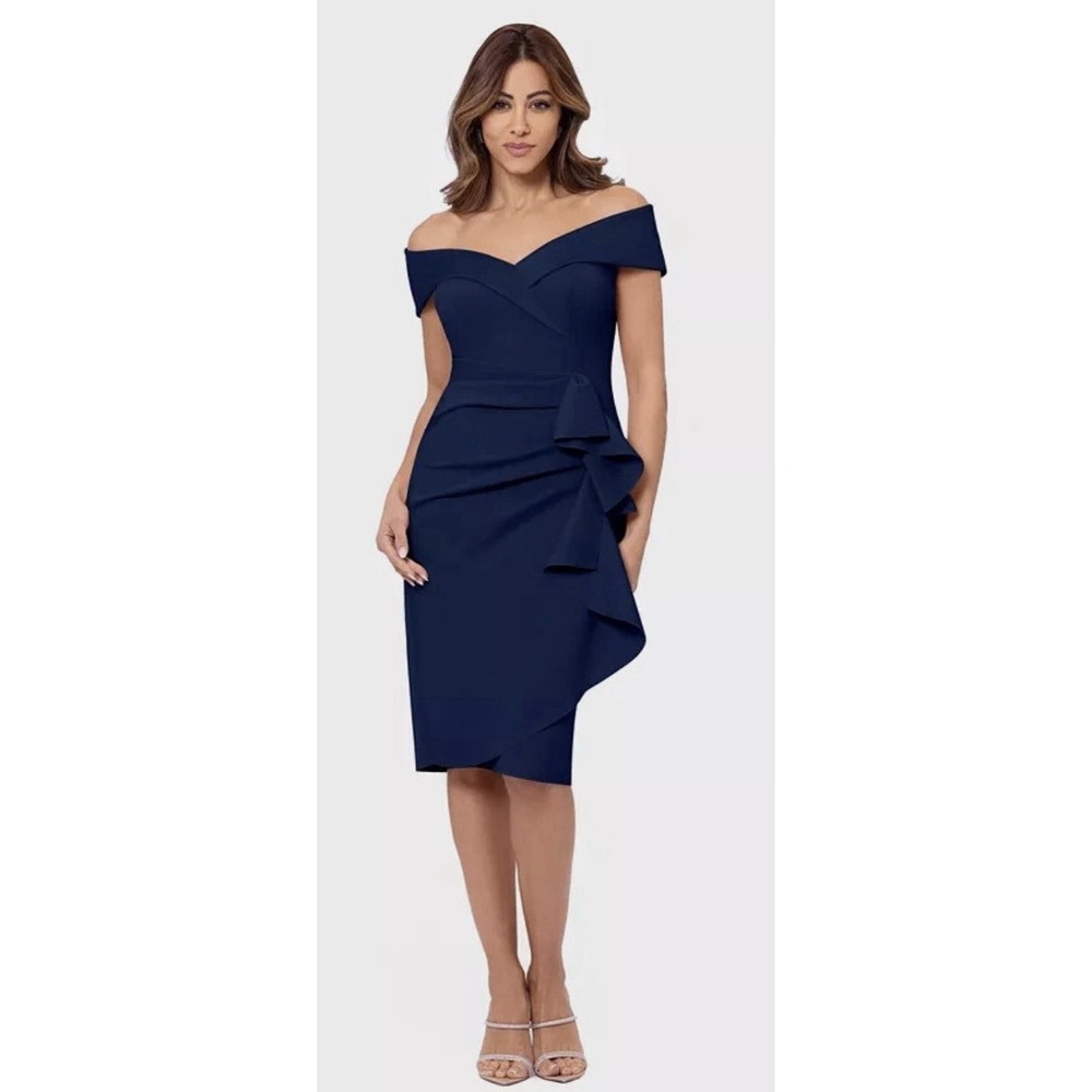 Xscape Blue Ruffle Off the Shoulder Scuba Knit Cocktail Dress Size 10 $228